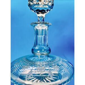 Vintage Cut Crystal Heavy Ship Decanter Etched Floral Whiskey Starburst Stopper